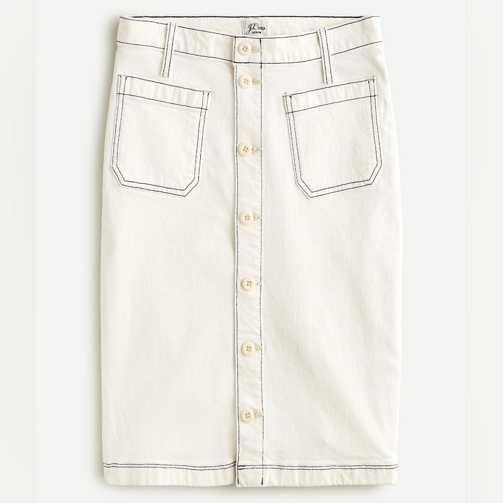 New! J.Crew Sz 29 (8) Denim Button-Front Skirt White Wash-Light Ivory/Navy NWT